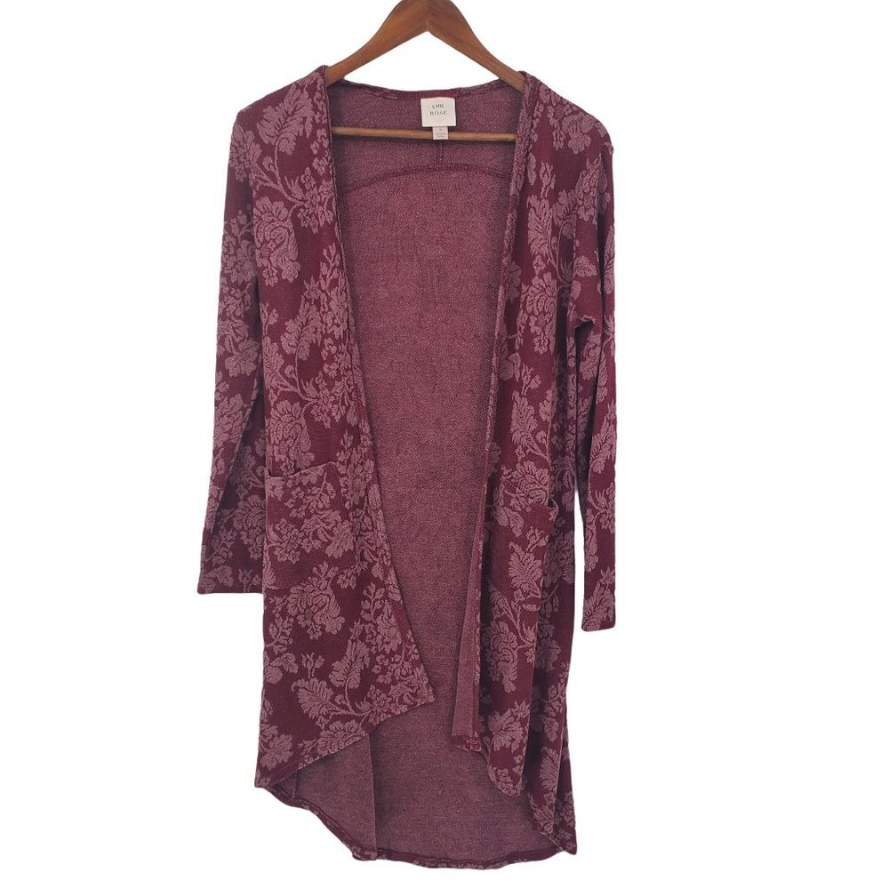 Knox Rose Womens Open Front Floral Duster Cardigan Sweater Size S Maroon Pockets